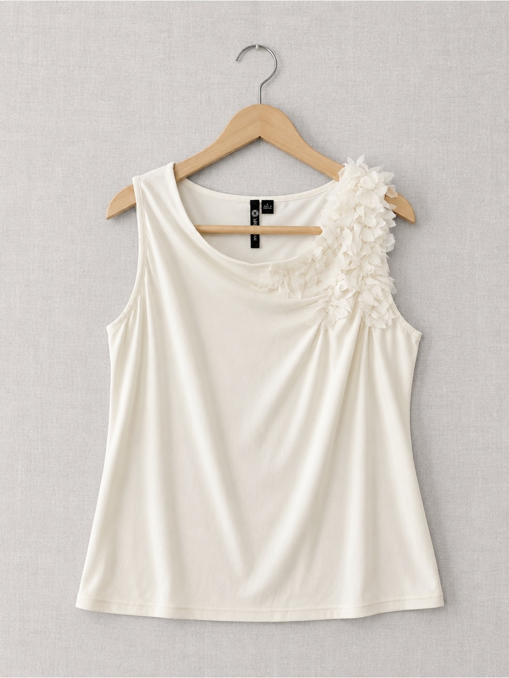 Milano Cream Sleeveless Top with Floral Applique Shoulder
